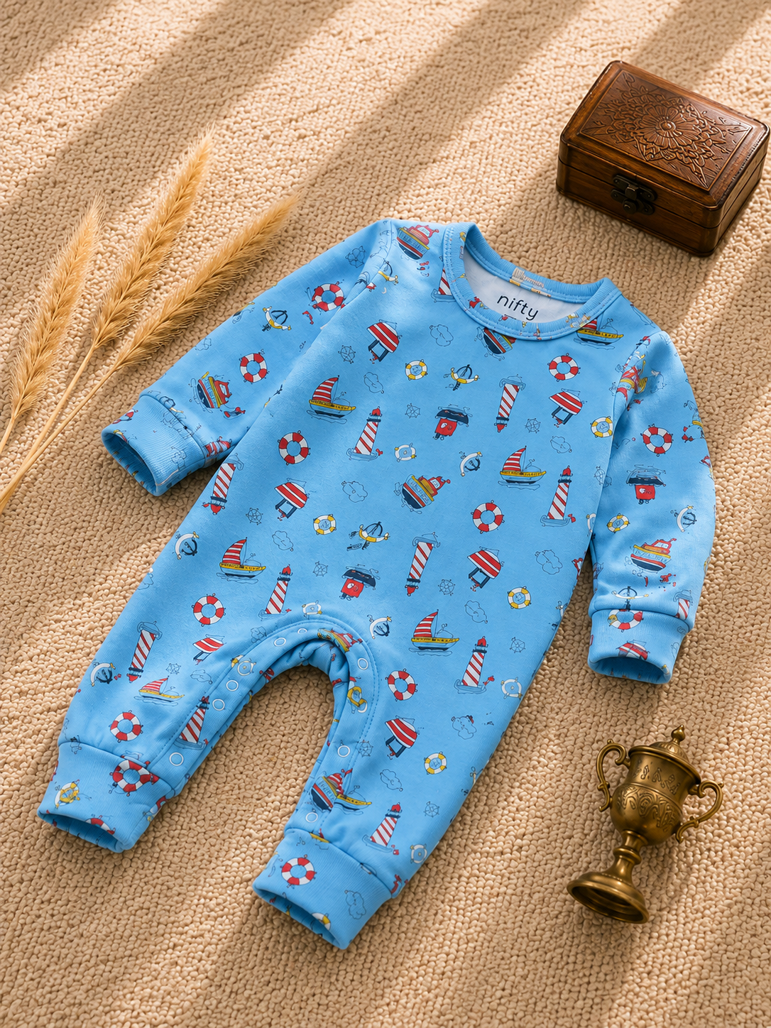 Baby Nautical Print Romper | Blue Long Sleeve Jumpsuit