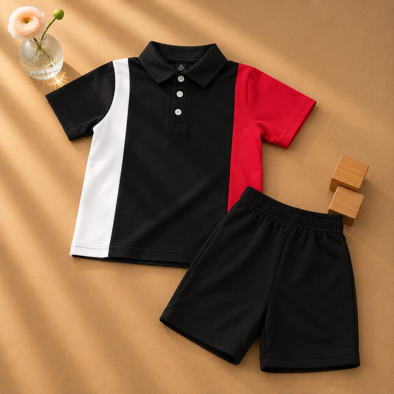 Plush-Baby Plaid Polo Shirt & Shorts-White/Red/Black