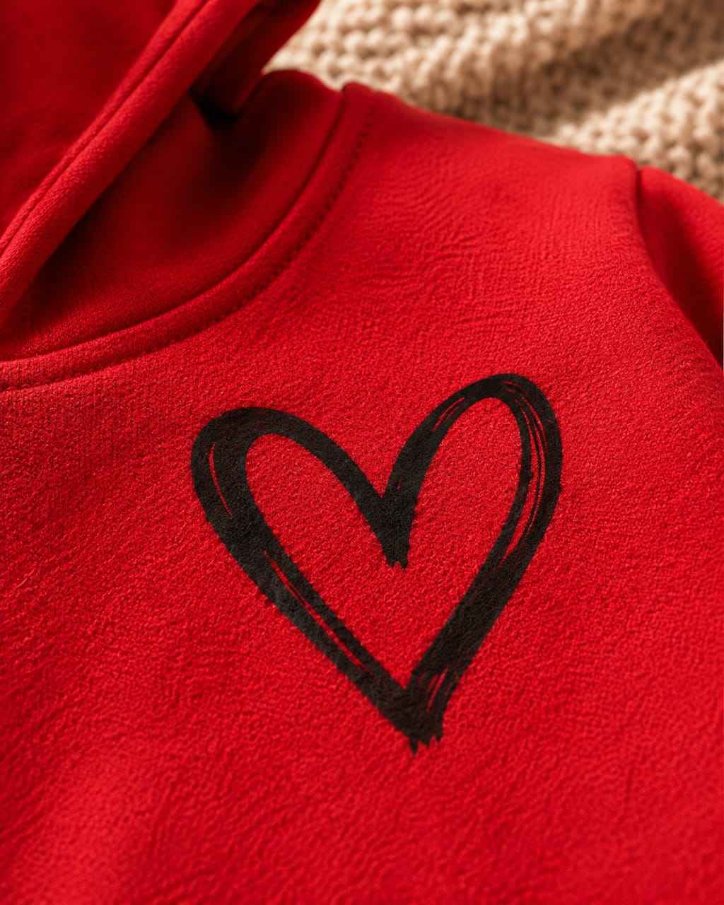 Plush  Hoodied Fleece Shirt & Trouser - Heart Basic in Red