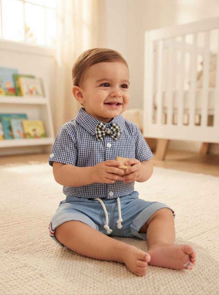 Baby Boys Blue Check Shirt Romper with Shorts Set