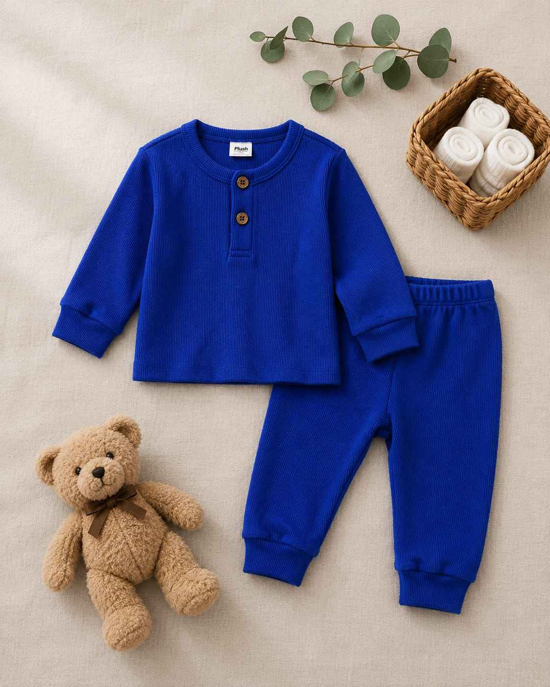 Plush Round Neck Style Ribbed Knit Basic Set - Royal Blue