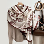 Cream silk-satin scarf with brown wildflower botanical print and espresso border