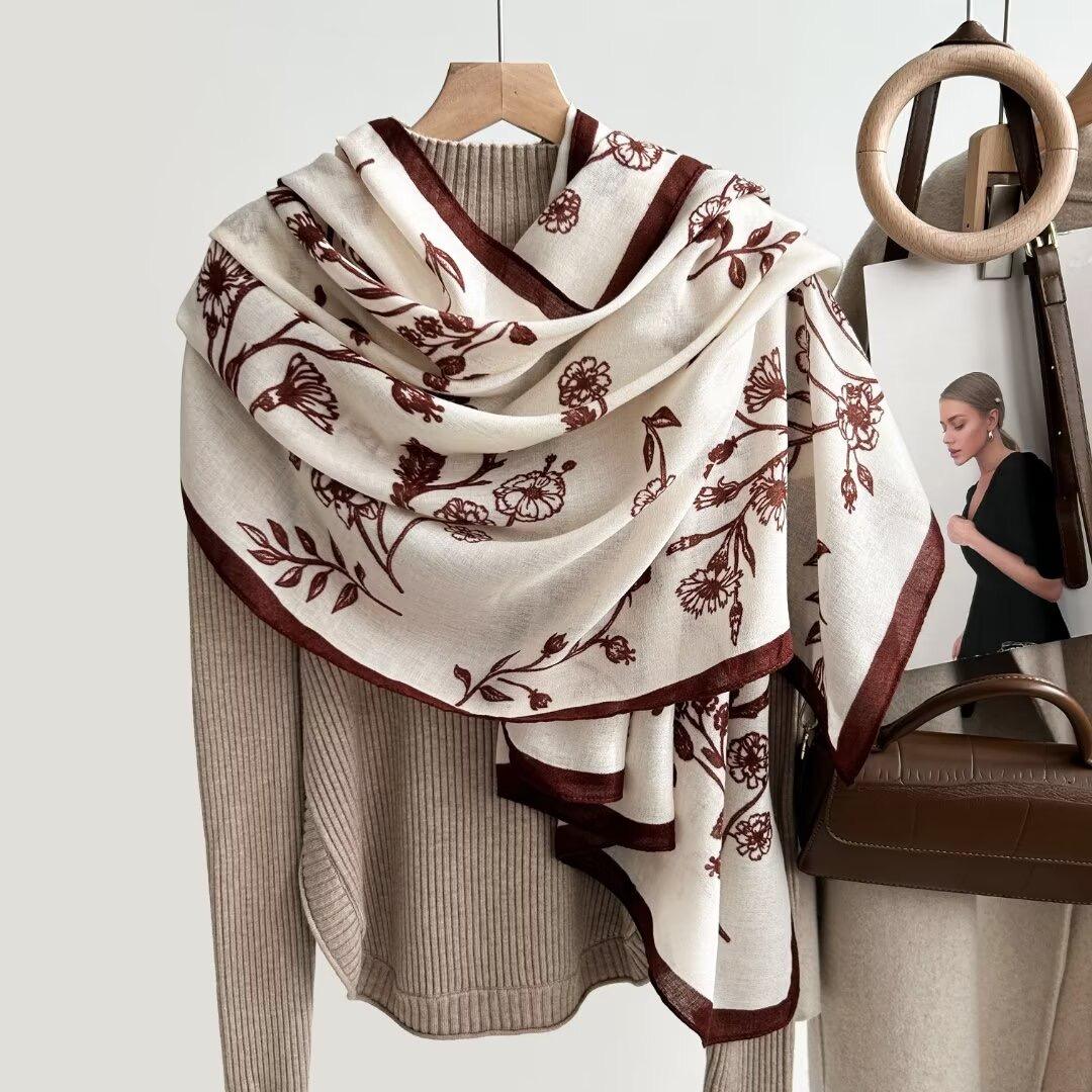 Cream silk-satin scarf with brown wildflower botanical print and espresso border