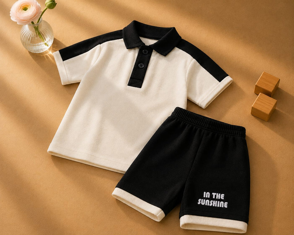 Plush-Baby Plaid Polo Shirt & Shorts-White
