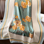 Sage green silk-satin scarf with yellow peony floral print and decorative cream border