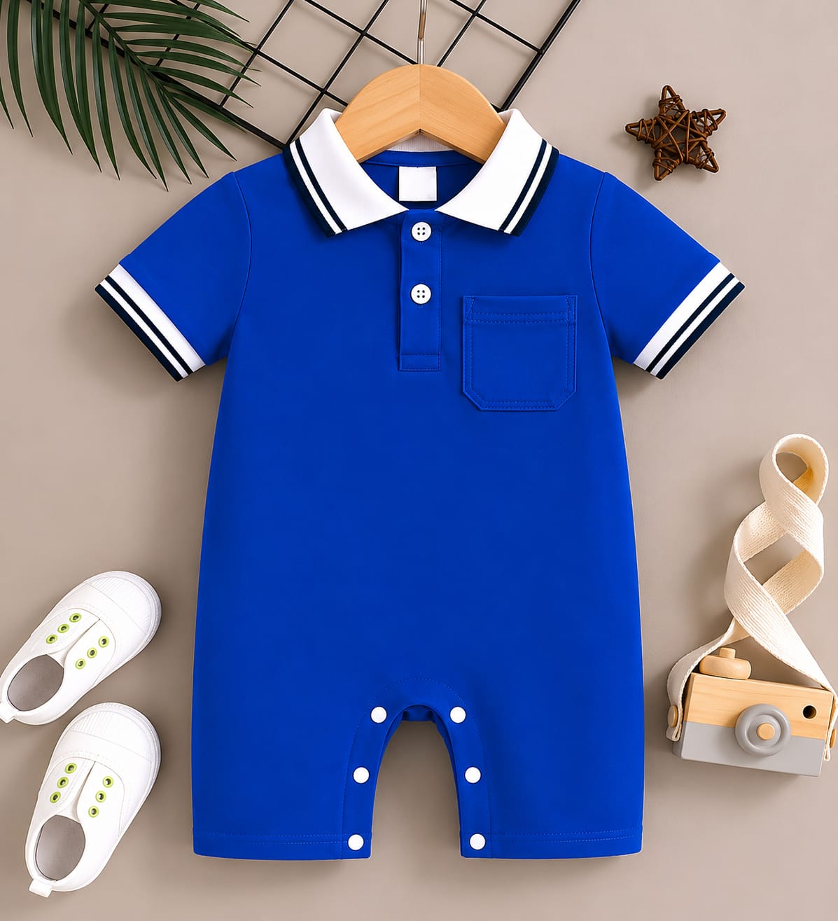Royal Blue Polo Romper for Babies | Soft Interlock Bodysuit