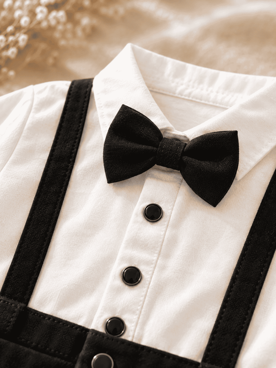 Baby Boy Tuxedo Romper with Bow Tie & Suspenders – Cuffed Formal Outfit