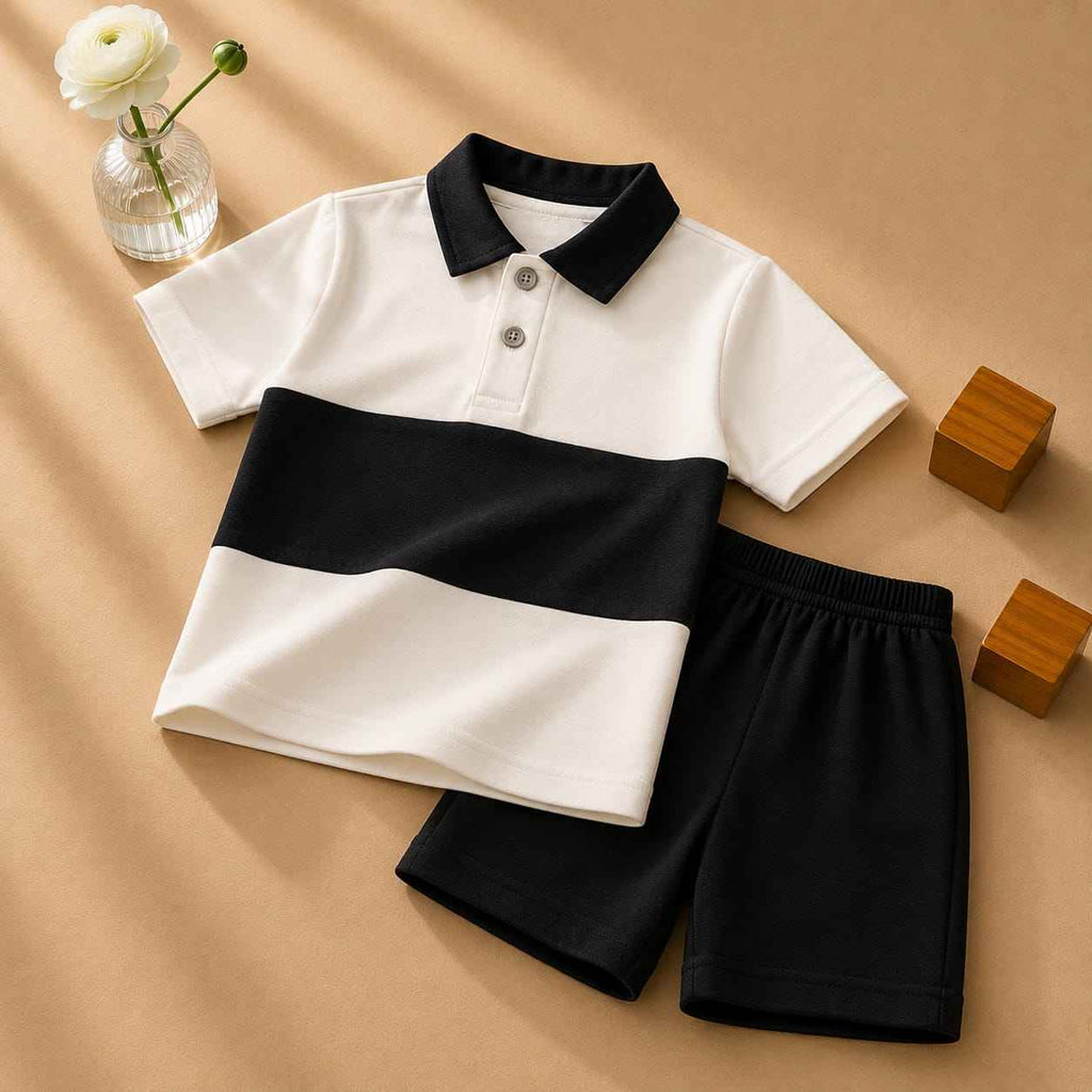 Plush-Baby Plaid Polo Shirt & Shorts-White