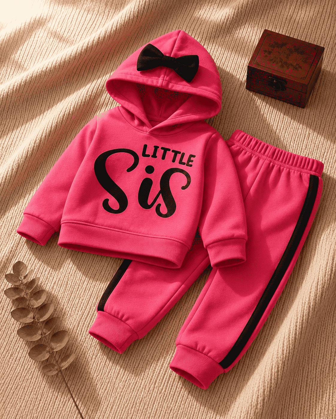 Plush Hoodied Fleece Shirt & Trouser - Little Sis in Hot Pink