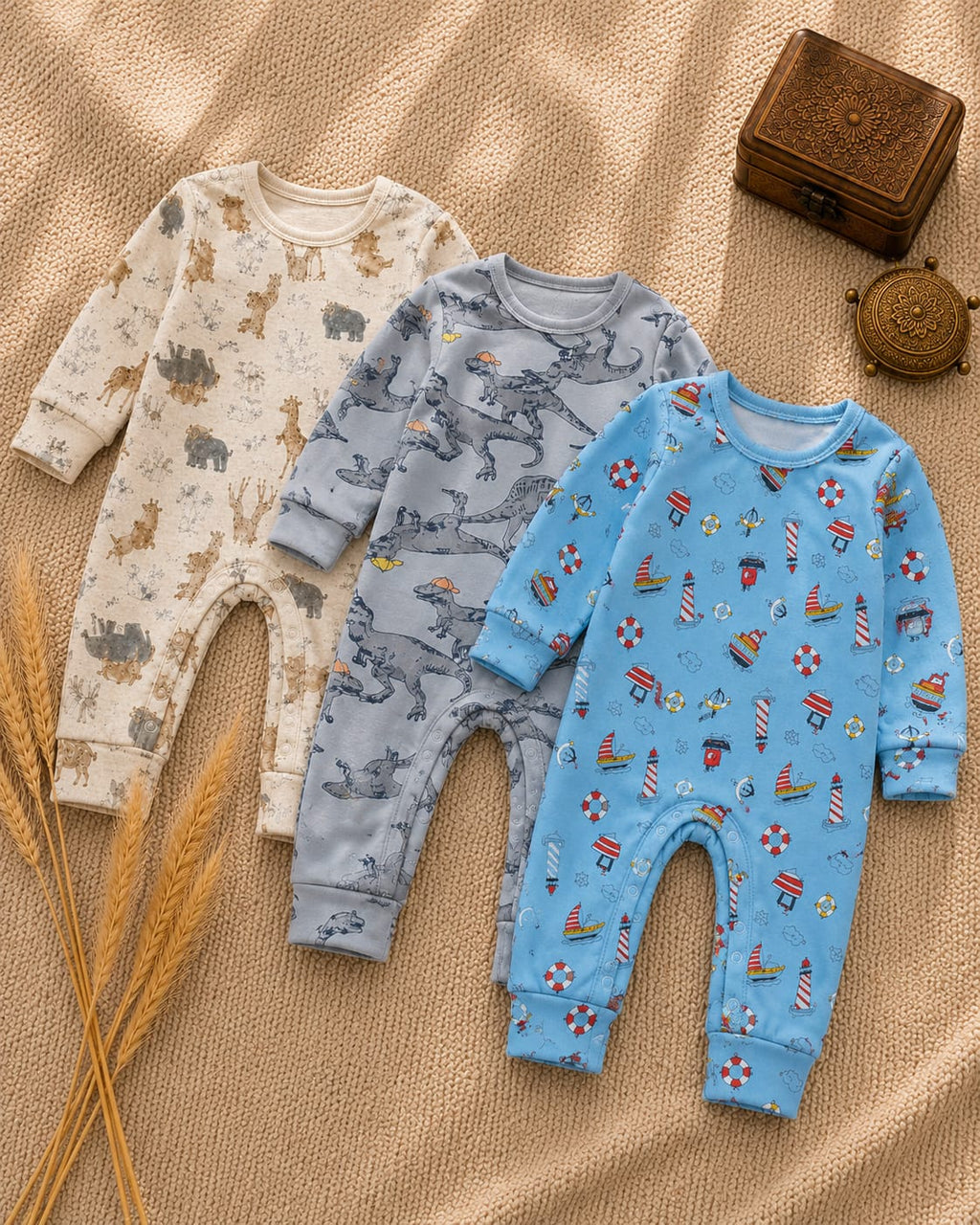 Pack of 3 baby rompers – safari, dinosaur, nautical print cotton jumpsuit