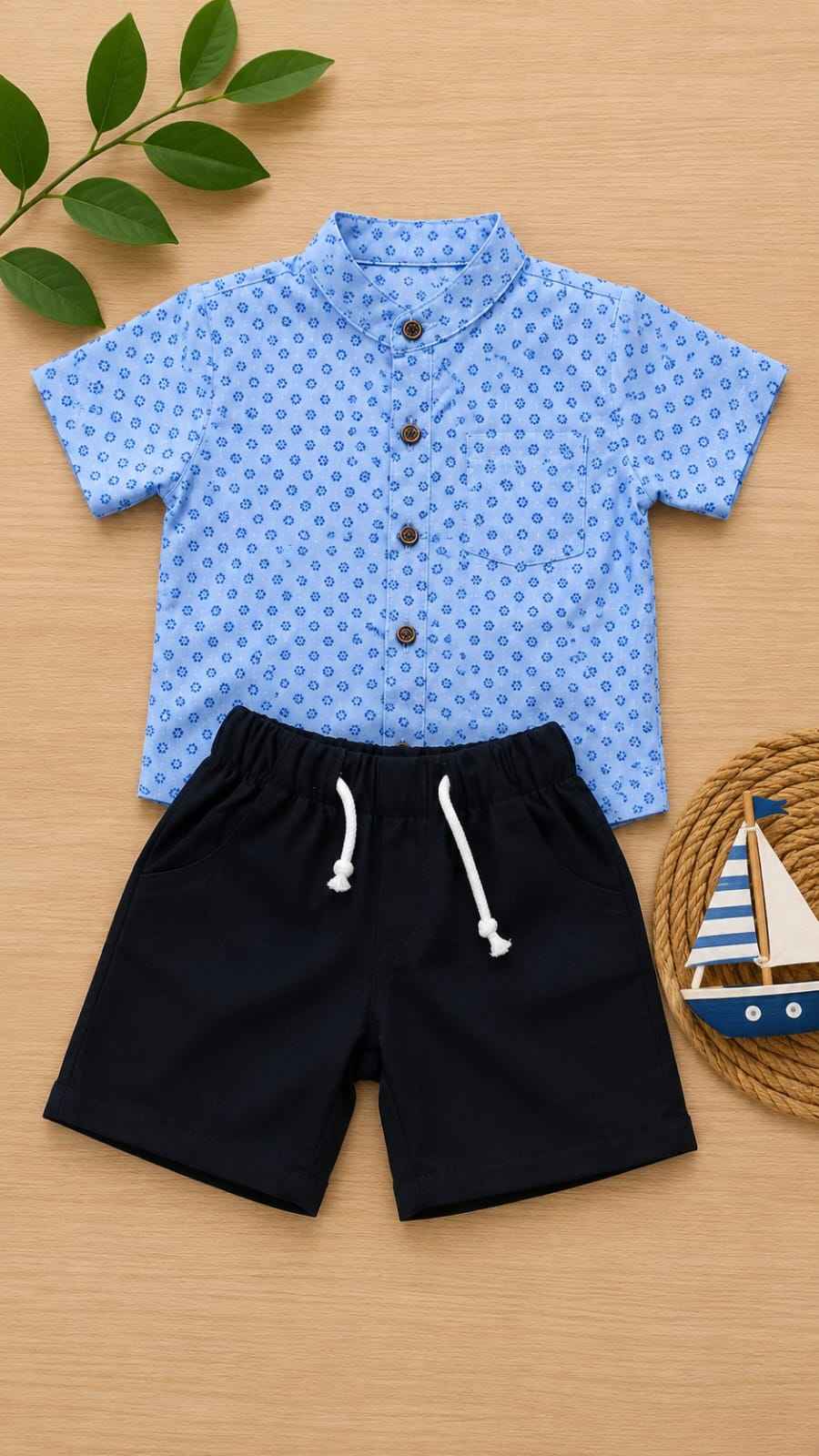 Blue printed boys shirt and shorts set