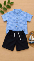 Blue printed boys shirt and shorts set