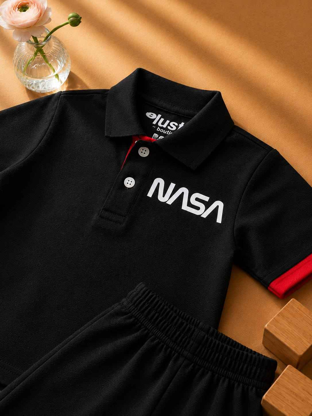 Plush-Baby Plaid Polo Shirt & Shorts-Black