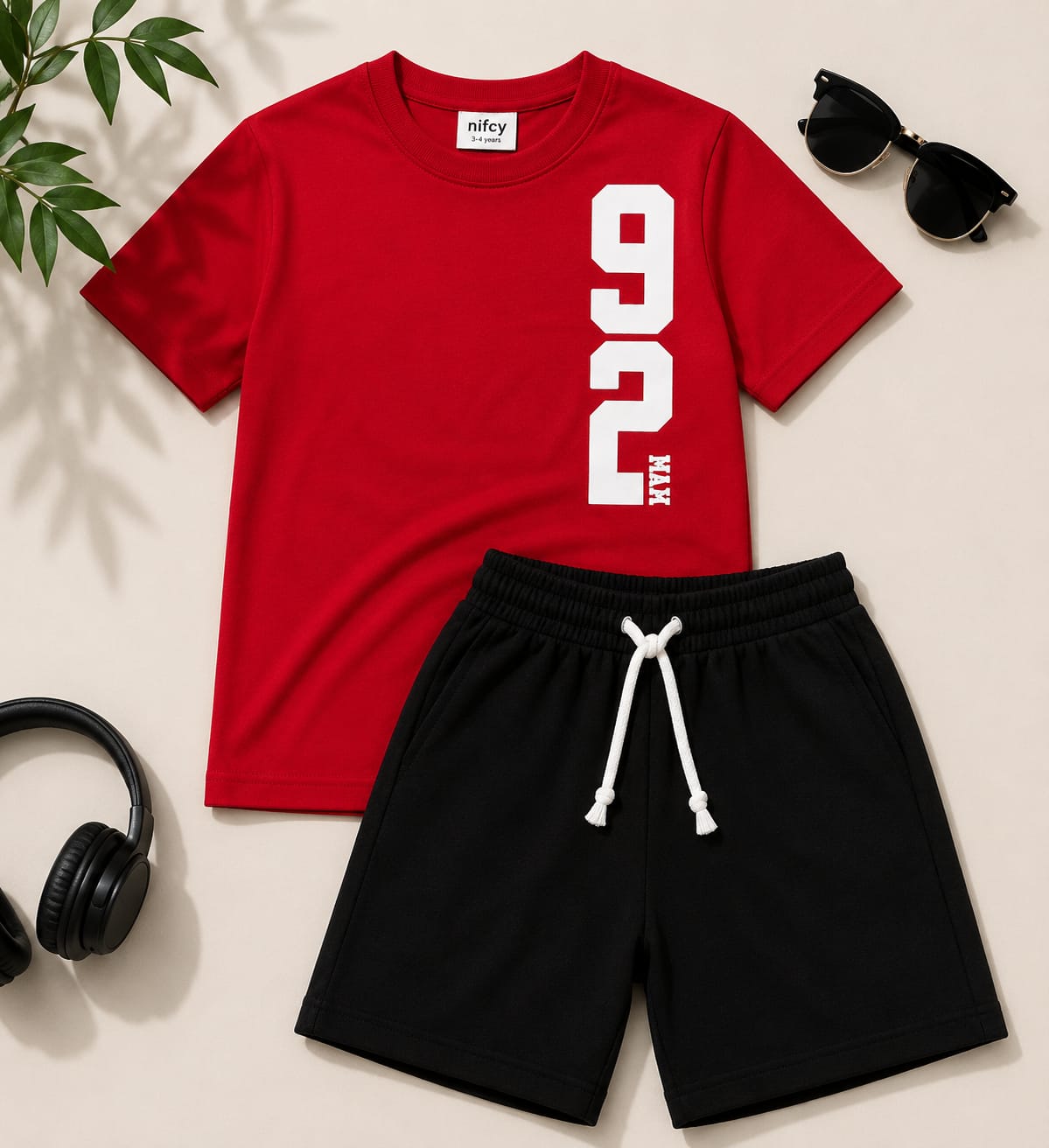 Kids red t-shirt and black shorts summer set