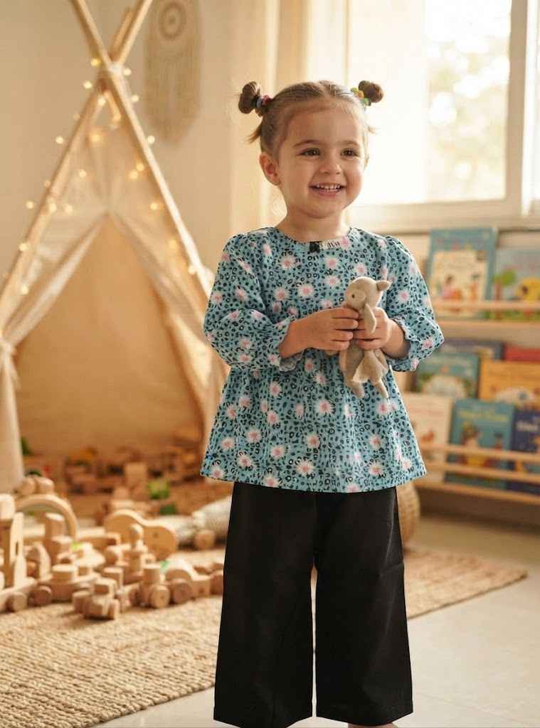 Turquoise blue girls floral printed dress
