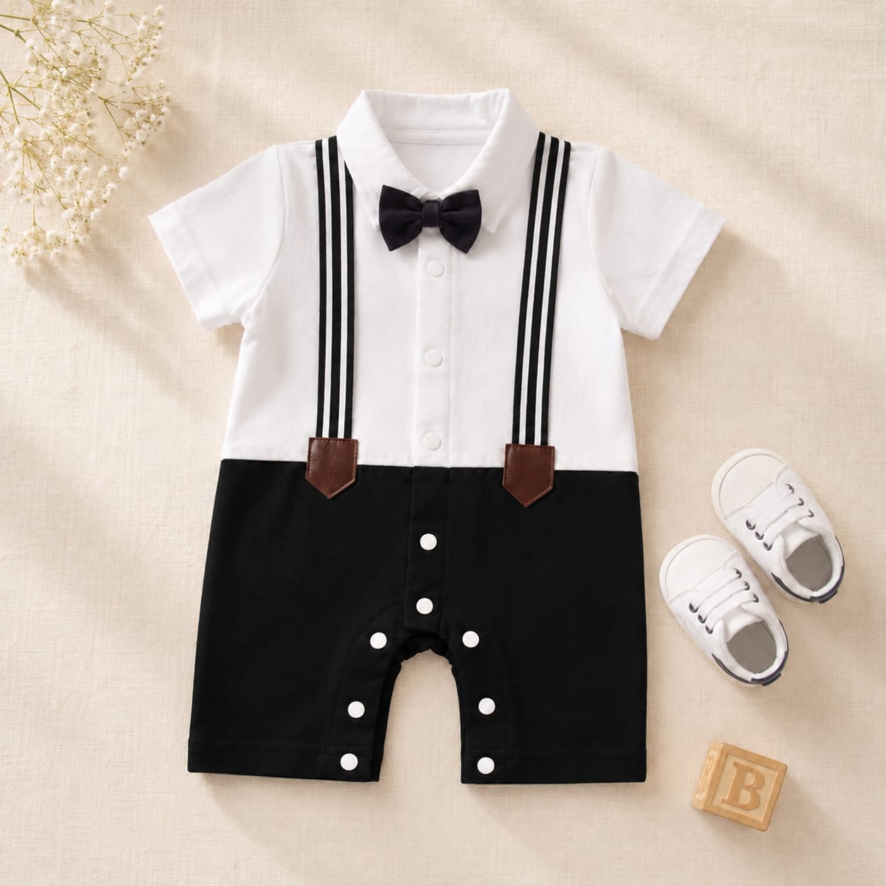 Baby Boy Bow Tie Romper | Polo Collar Suspender Bodysuit – Black Interlock