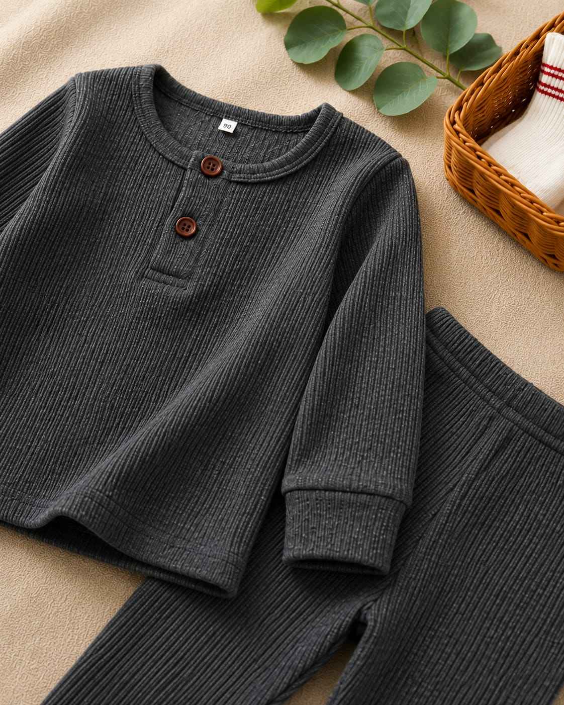 Plush Round Neck Style Ribbed Knit Basic Set - Charcoal