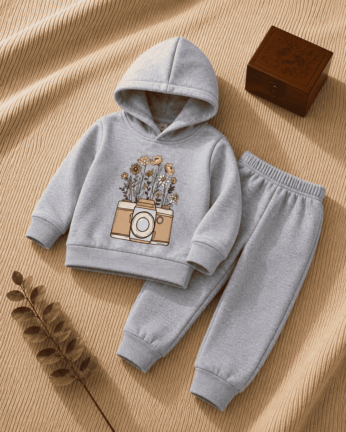 Plush-Camera on Flowers Fleece Sweat Set Grey