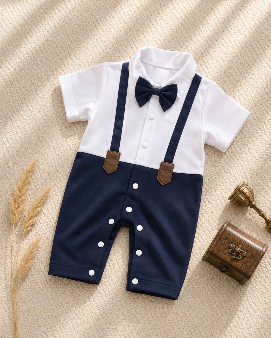 Baby boy navy blue bow-tie suspender romper