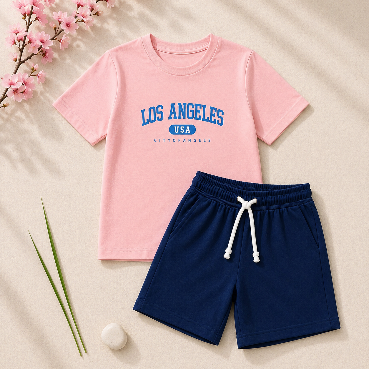 Boys Peach & Navy "Los Angeles" T-Shirt & Shorts Set