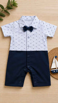 Sailboat print baby romper with bow tie