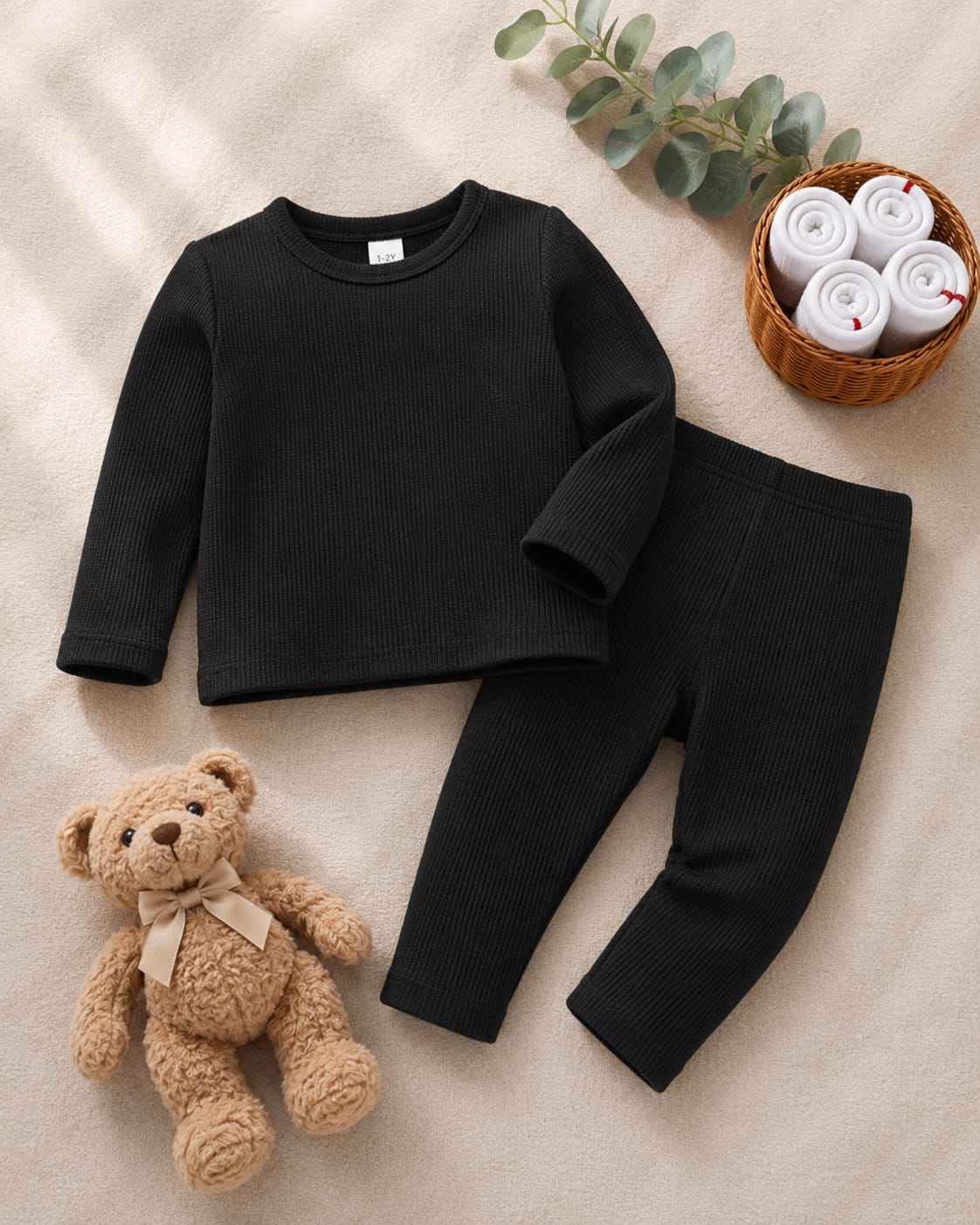 Plush Round Neck Style Ribbed Knit Sweat Set - Black