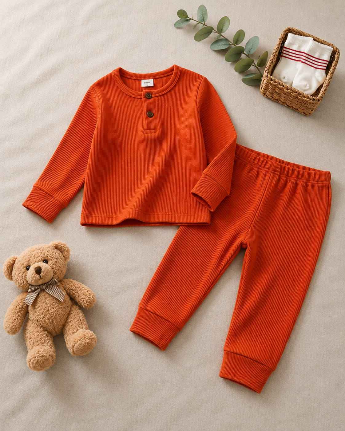 Plush Round Neck Style Ribbed Knit Basic Set - Orange