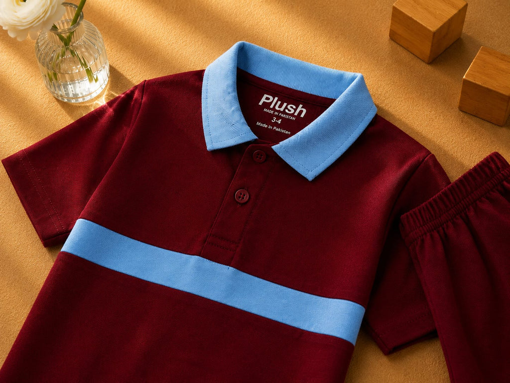 Plush-Baby Plaid Polo Shirt & Shorts-Red-Blue