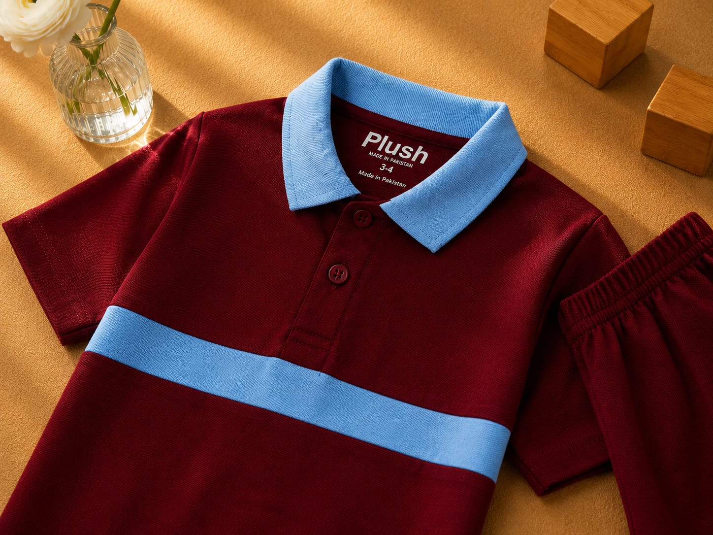 Plush-Baby Plaid Polo Shirt & Shorts-Red-Blue