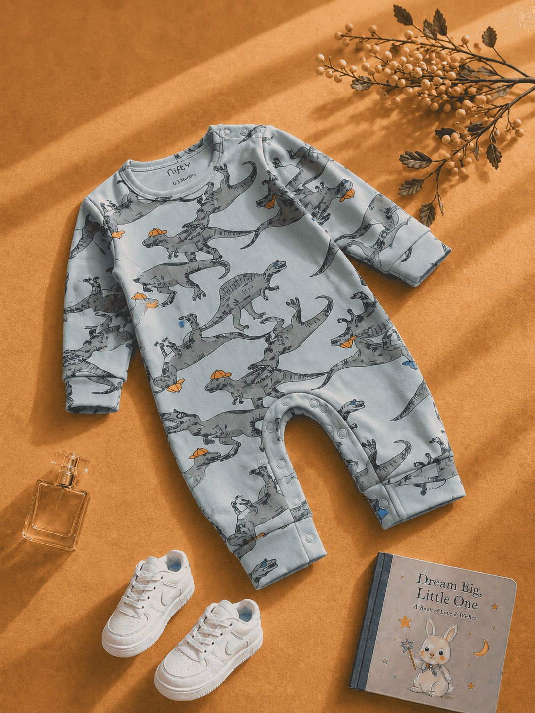 Baby Dinosaur Romper | Grey-Blue Long Sleeve Jumpsuit