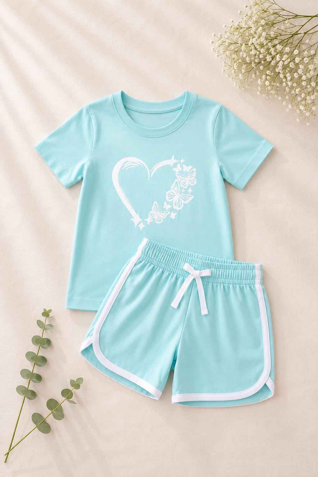 Girls Sea Green Butterfly Heart T-Shirt & Shorts Set