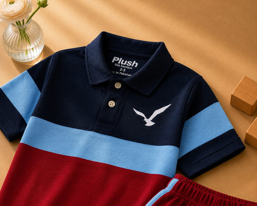 Plush-Baby Plaid Polo Shirt & Shorts-Blue-Red
