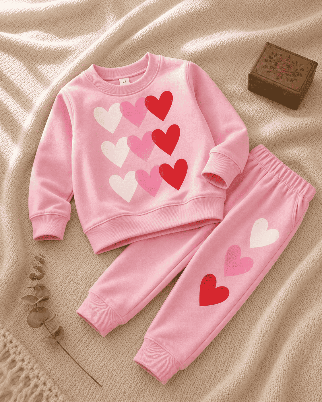 Plush Fleece Shirt & Trouser - Hearts in Pink