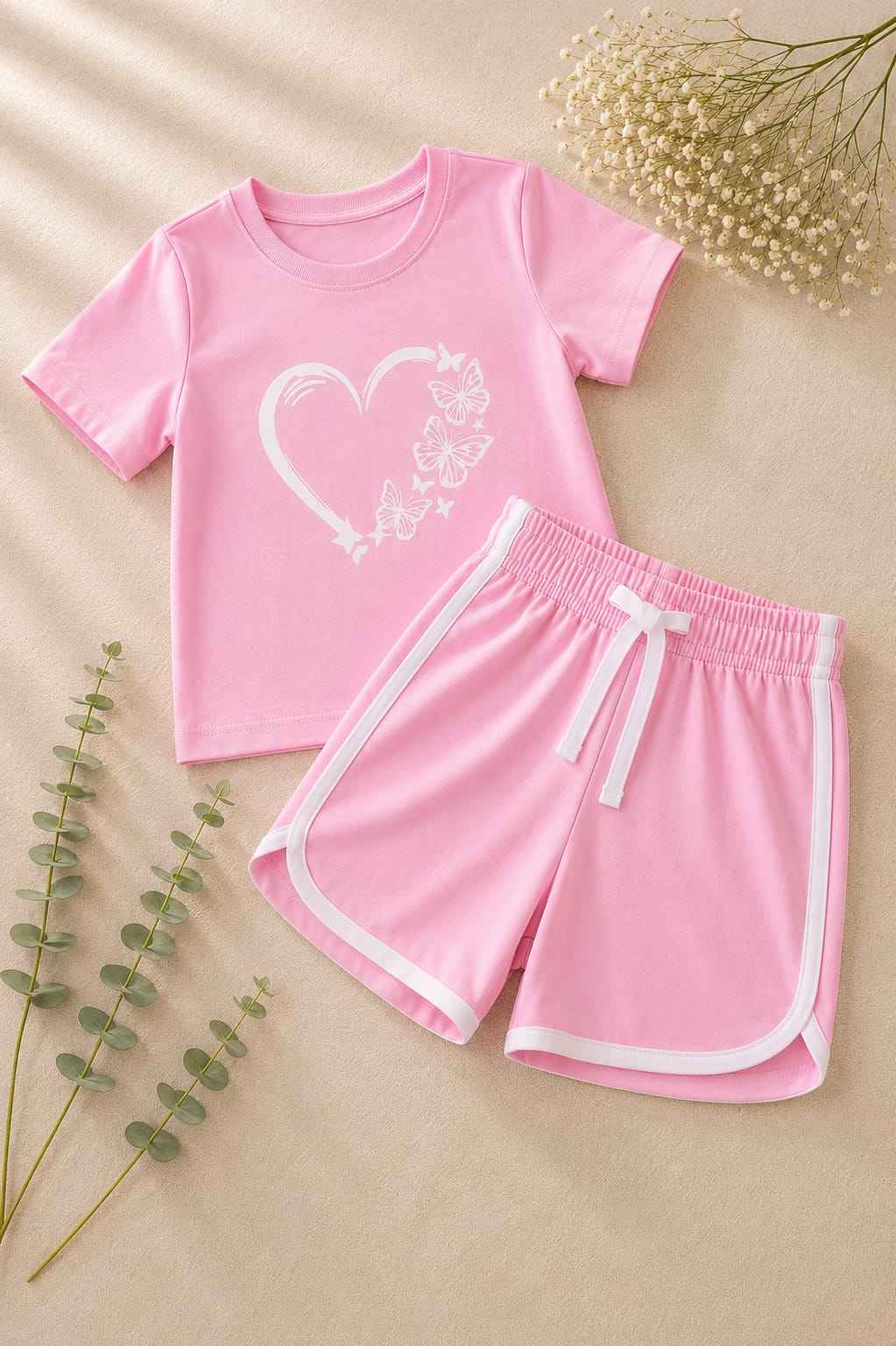 Girls Pink Butterfly Heart T-Shirt & Shorts Set