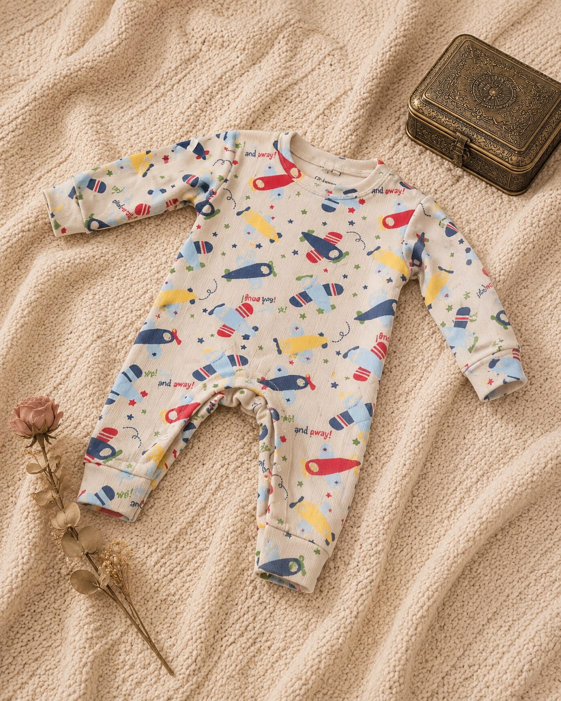 Beige baby romper with airplane print