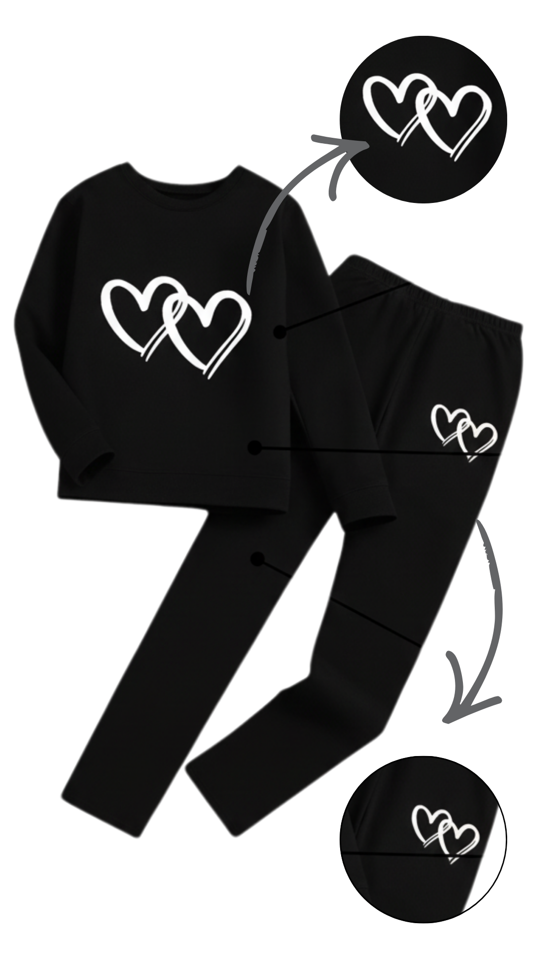 Girls black sweatshirt and jogger tracksuit set with white heart print