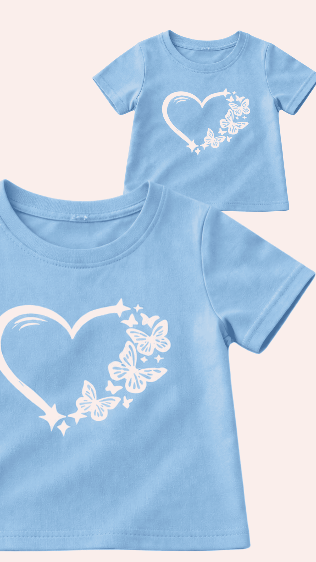 Light blue kids summer outfit with heart and butterfly print t-shirt and matching shorts