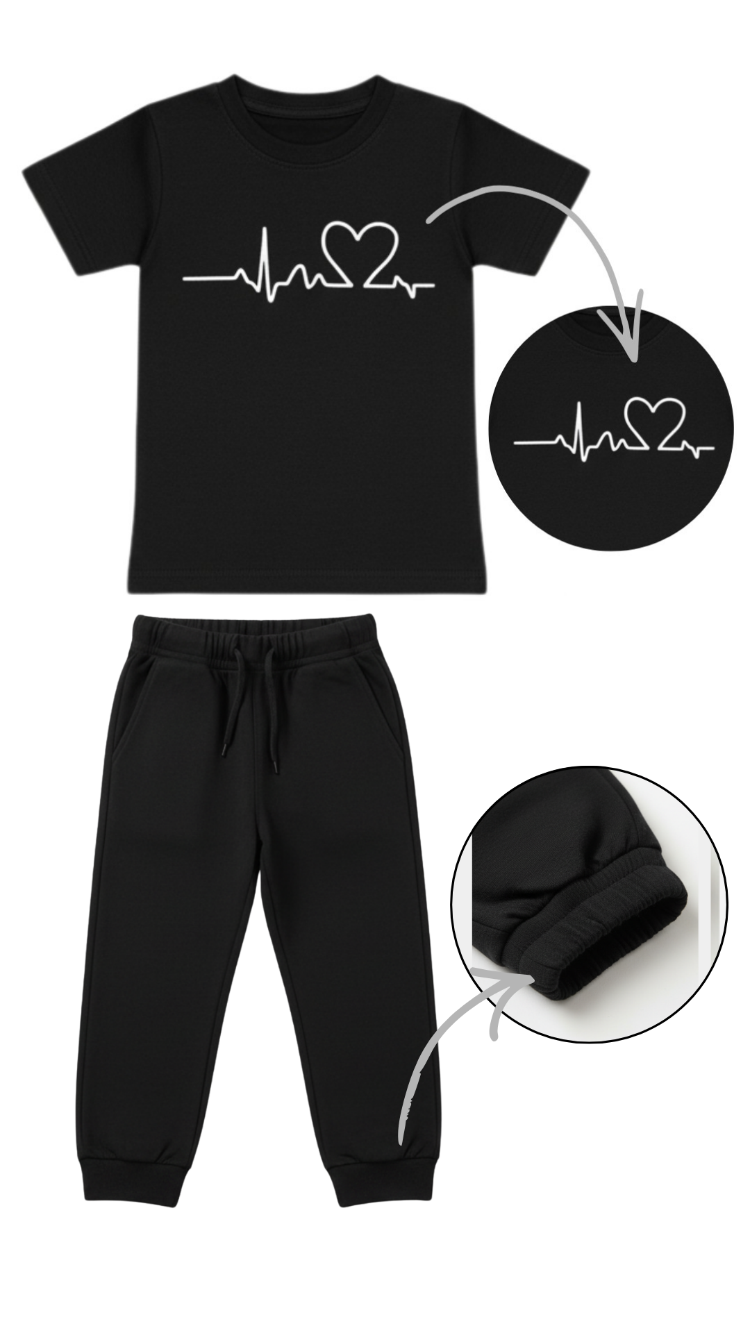 Girls black heartbeat t-shirt and jogger set for summer