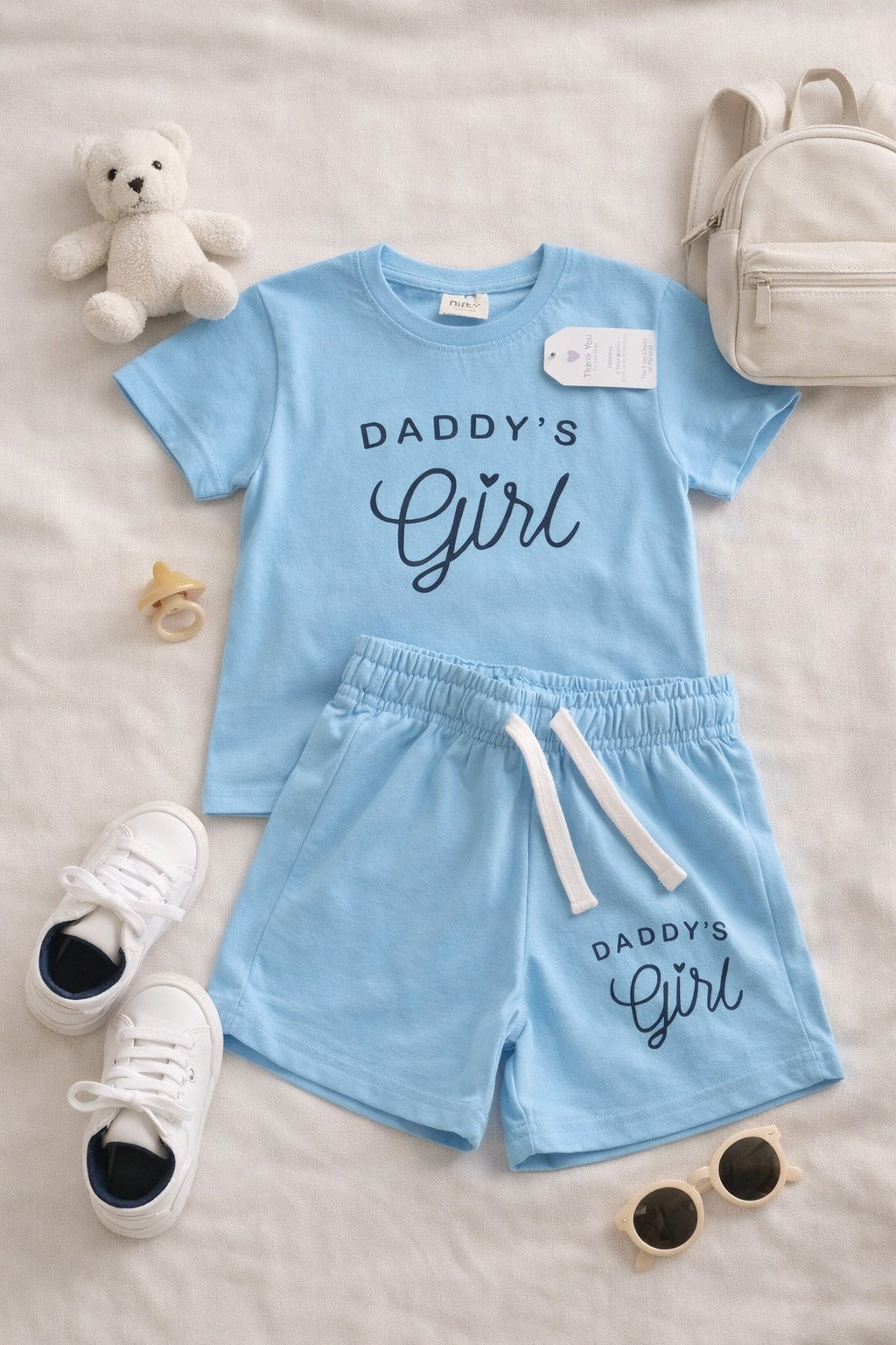 Girls sky blue shirt and shorts set “Daddy’s Girl” in Pakistan by Basics by Nifty, soft breathable summer co-ord outfit for kids