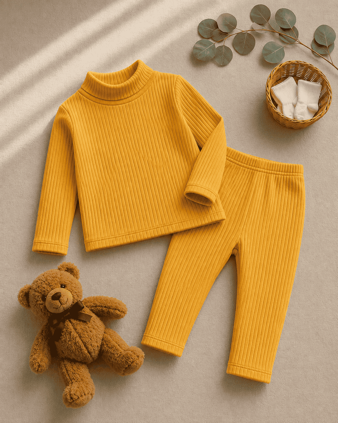 Plush-High Neck Style Ribbed knit Sweat Set - Yellow