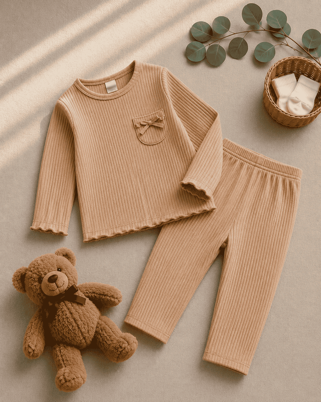 Plush Ribbed Knit Basic Set - Brown