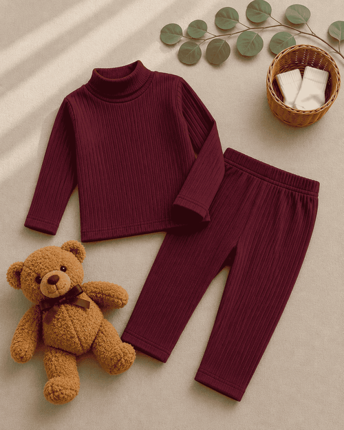 Plush-High Neck Style Ribbed knit Sweat Set - Maroon Red