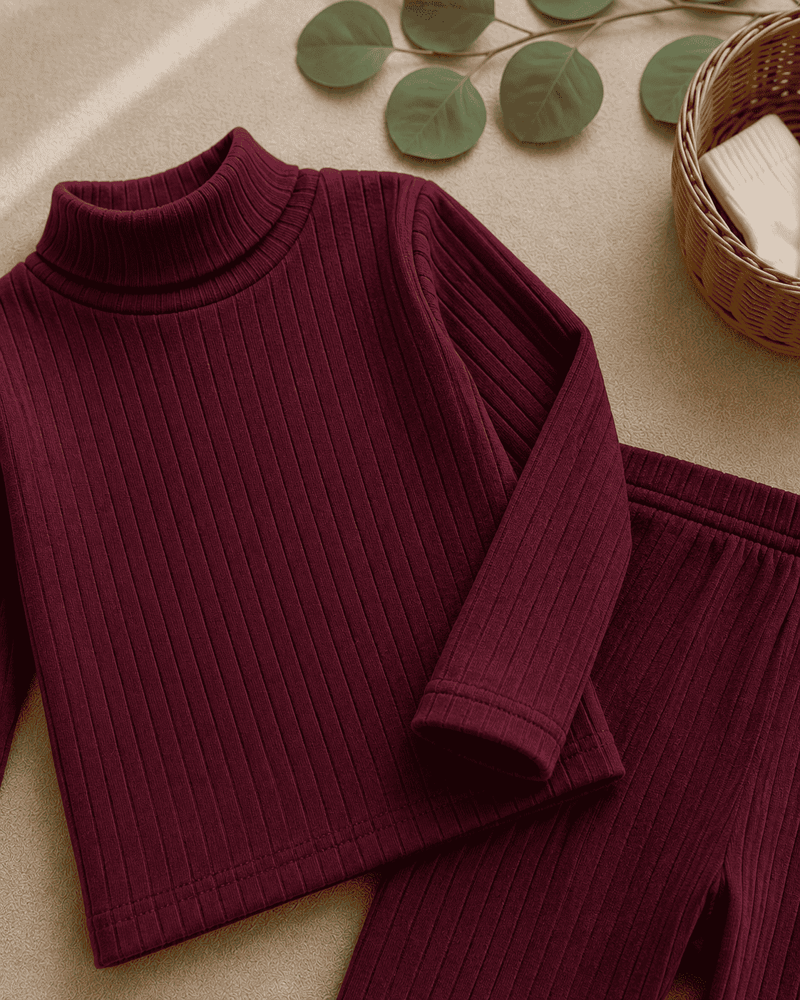 Plush-High Neck Style Ribbed knit Sweat Set - Maroon Red