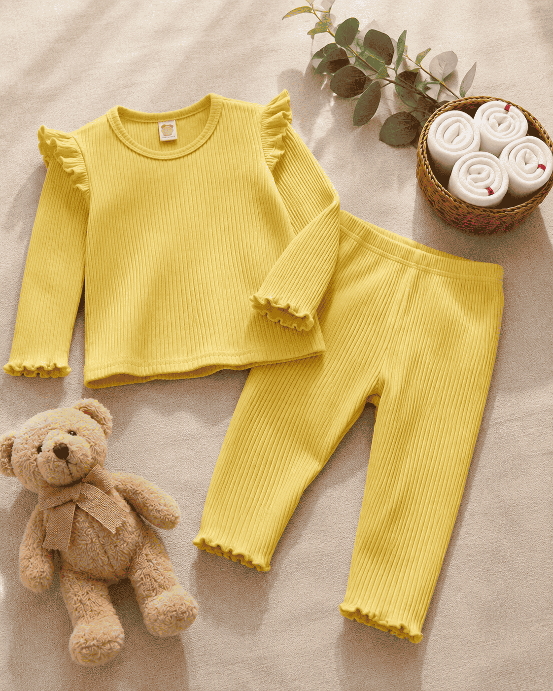 Plush Shoulder Frill Style Ribbed Knit Basic Set - Yellow