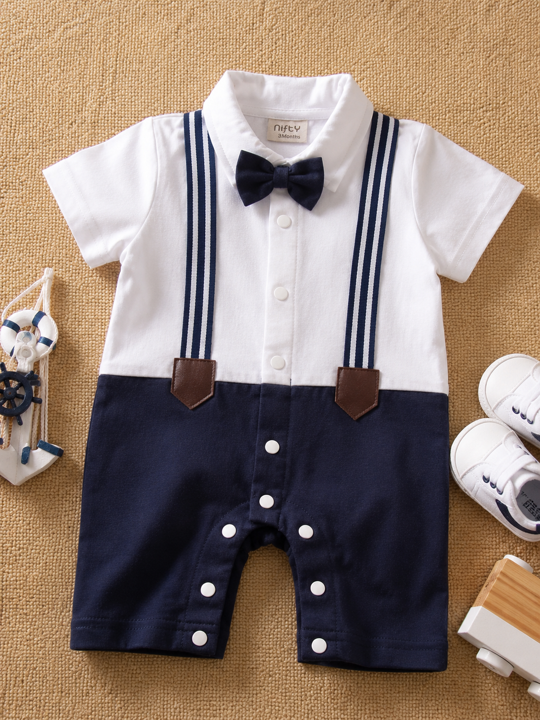 Baby Boy Bow Tie Romper | Polo Collar Suspender Bodysuit – Navy Interlock