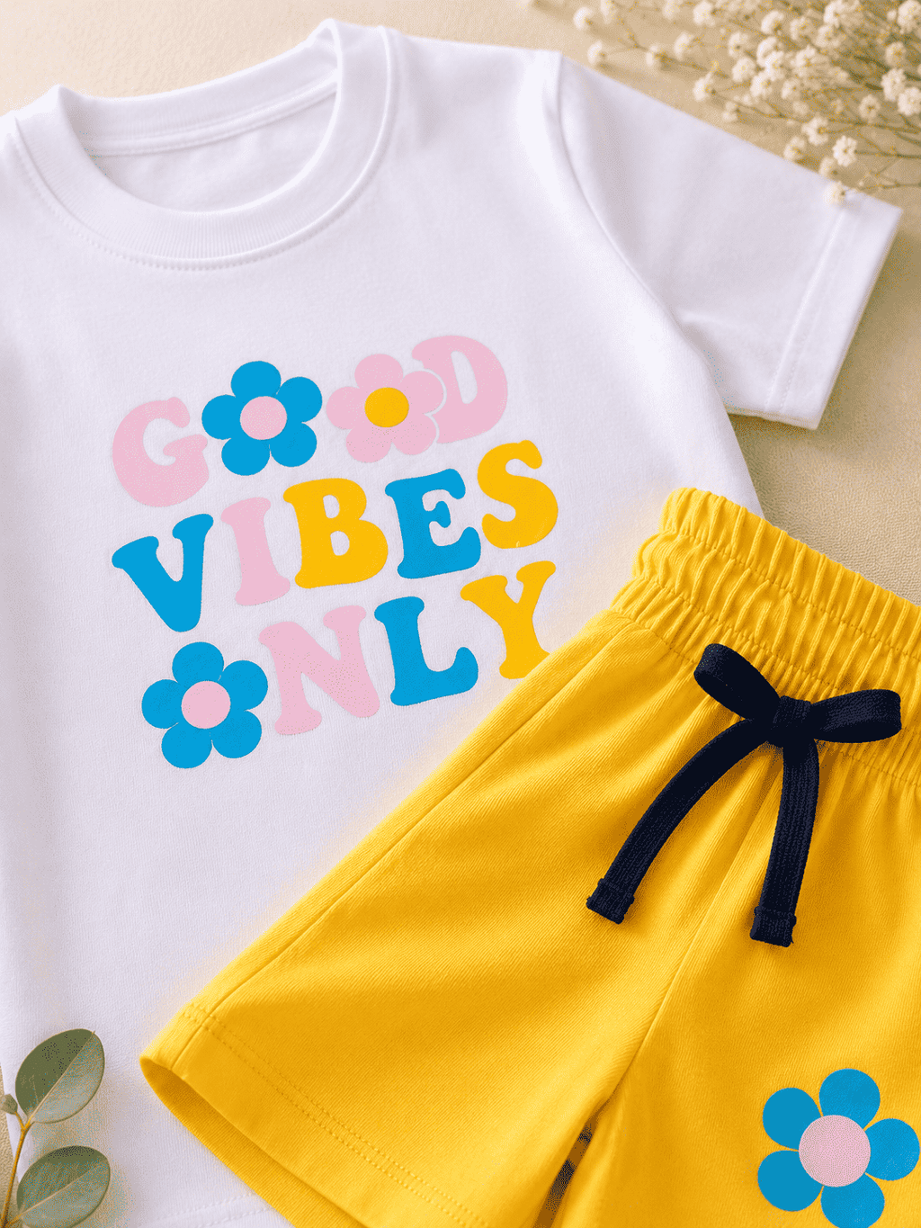 Girls White & Yellow "Good Vibes Only" T-Shirt & Shorts Set