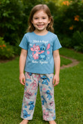 Disney Stitch & Angel Girls’ Pajama Set – Blue Top & Grey Cartoon Print Trousers | Cute Kids Nightwear