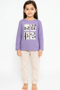 Girls Panda Cartoon Pajama Set – Lavender Long Sleeve Top & Beige Pants | Cute Kids Nightwear