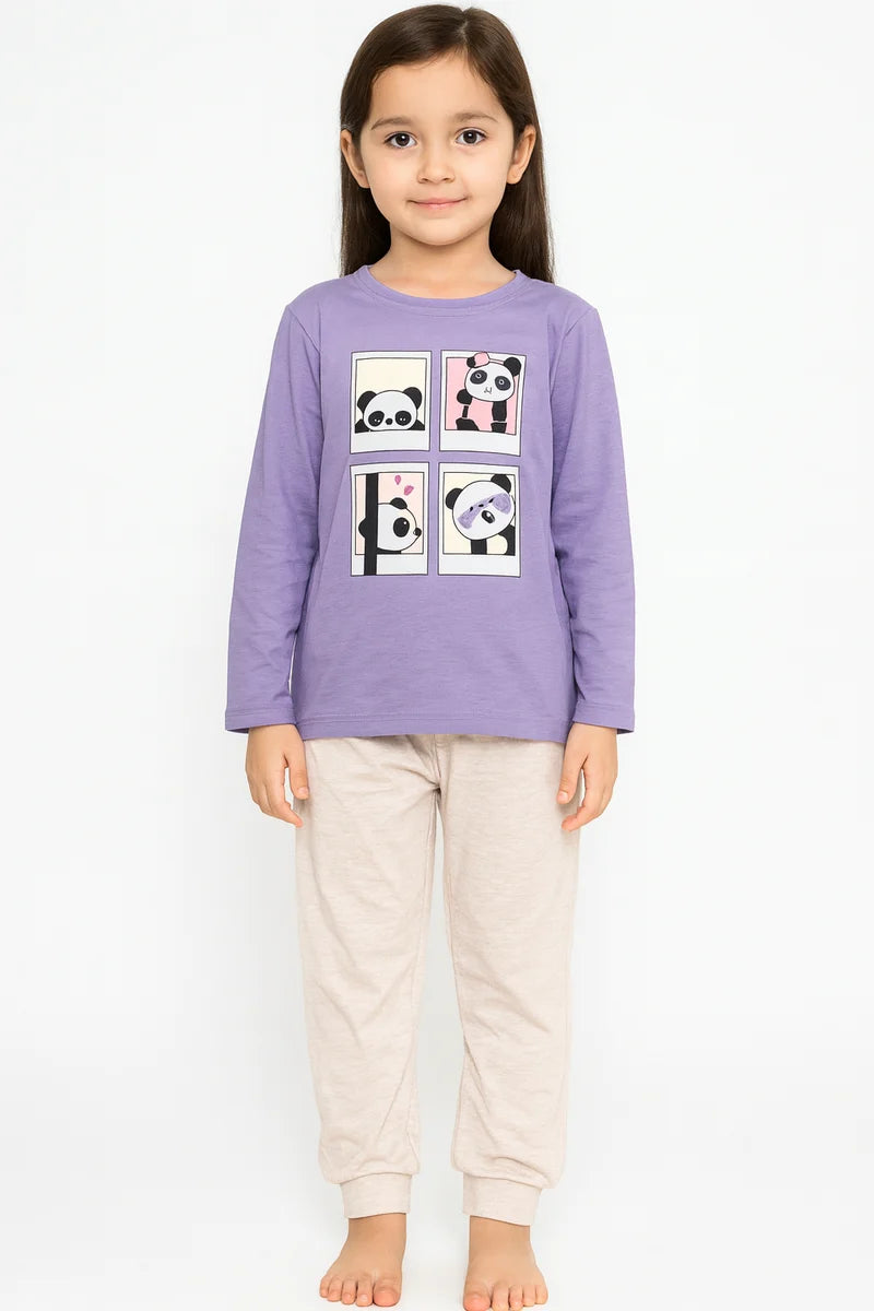 Girls Panda Cartoon Pajama Set – Lavender Long Sleeve Top & Beige Pants | Cute Kids Nightwear