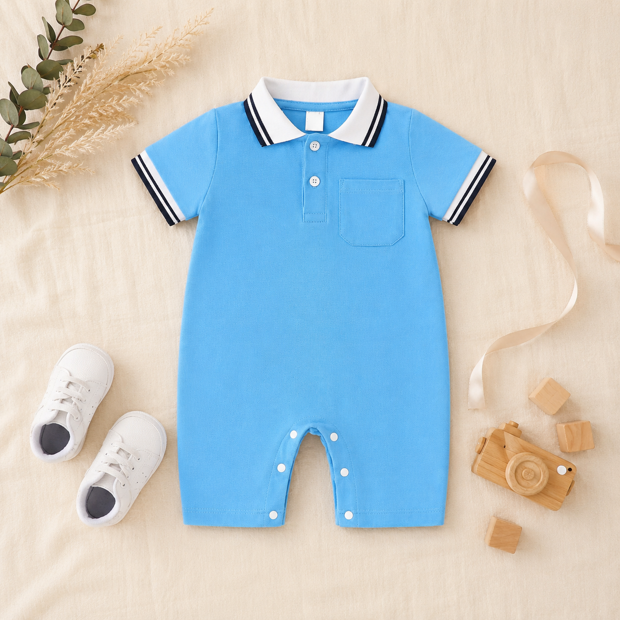 Sky Blue Polo Romper for Babies | Soft Interlock Bodysuit